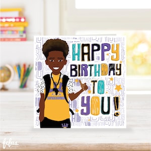 Afro-Amerikaanse gelukkige verjaardagskaart | Black Boy Joy | Bruine kinderwenskaart | 9e 10e 11e verjaardag | Zoon, broer, neef, kleinzoon
