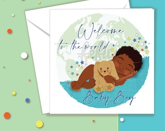 New Baby Boy Card, Black Baby Representation, Welcome World Gift, Hand-Drawn Illustration by Fefus Designs