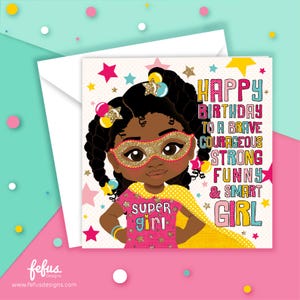 Schwarze Mädchen Superheld Geburtstagskarte | Mädchen inspirieren & stärken | 3-7 Jahre | Schwester,Tochter,Freundin | Fefus Designs
