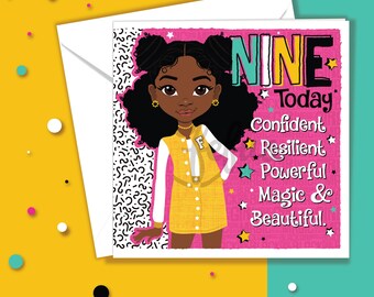 9th Birthday Card for Black Girls, Nine Today Queen Affirmation, Afro Hair Tween Empowerment
