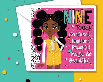 9th Birthday Card, Black Girl Affirmation, Afro Queen, Empowering Greeting Card