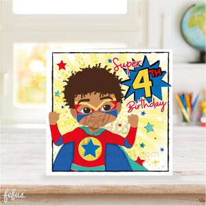 4. Geburtstagskarte Junge braun | Gemischte Rassen Kleinkinder | Vierter Geburtstag | Afroamerikanische Jungen | Multikulti Grußkarte | Fefus Designs