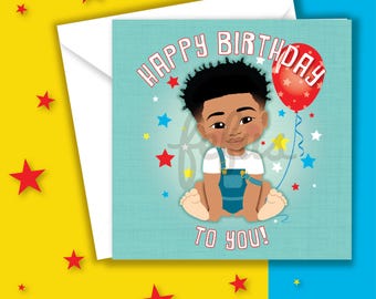 Blasian Baby 1st Birthday Card – Mixed Heritage First Greeting Card, Afro Asian Baby by Fefus Designs