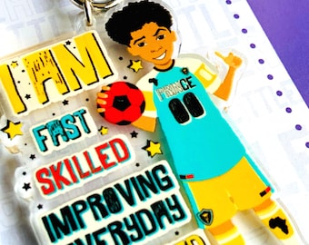 Mixed Race Boy Footballer Small Keychain – Empowering Acrylic Bag Charm By Fefus Designs