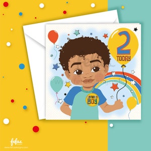 Cartão de aniversário de 2 anos para meninos, presente de 2º aniversário, dois anos de idade, menino mestiço, crianças de dupla herança, afro-americanos, multiculturais