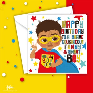 Tarjeta de cumpleaños de superhéroe de niño moreno / Alegría de niño negro / Saludos / Celebración / Tarjetas para niños pequeños / Niño afroamericano / Melanina / Empoderamiento