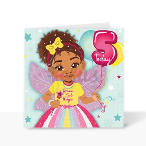 Carte 5e anniversaire fille métisse | Célébration du cinquième anniversaire | Marron Enfants | Enfants afro-américains | Multiculturel | Autonomiser les filles