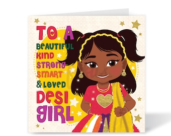South Asian Girl Birthday Card: Desi Girl Magic Heritage Hero Collection 150mm Square Gift by Fefus Designs