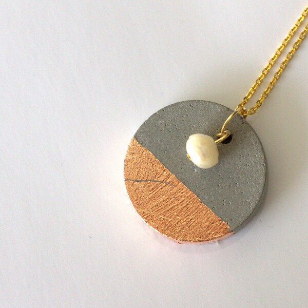 Collier béton, sautoir béton, concrete necklace, cement necklace, copper necklace, minimalist necklace, graphic necklace