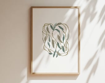 Minimalist botanical art print, green floral illustration, wall hanging for plant lovers, modern nature inspired housewarming gift