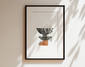 Potted plant illustration, high quality art print, handmade collage and linocut print, reproduction in 3 sizes, modern minimalist decor