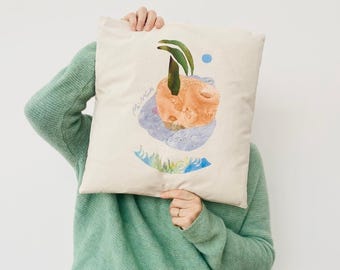 Cotton cushion cover with dreams illustration, gift for baptism, nursery or bedroom decor, gift for baby, artsy pillow case with dreamy face