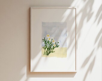 Daisy flowers illustration, high quality print, giclee in A4 or A3, minimalist floral wall decor, for plant lovers,