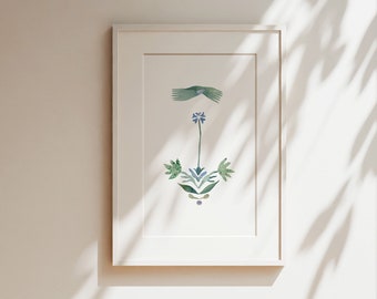 Illustration calmness, paper cut artwork, high quality giclee print, modern floral frame art, home decor for nature lovers