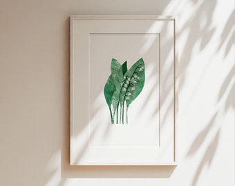 Lily of the valley illustration, paper cut artwork, botanical art print for framing, nature lovers minimalist home decor