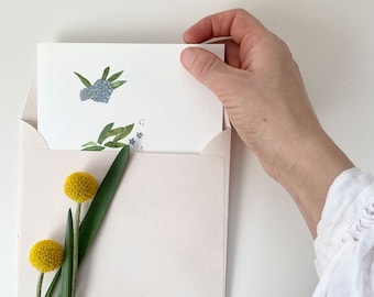 Minimalist Botanical Wedding Invitation with Forget Me Not Flower on Textured Paper with Eco Envelope and Floral Sticker