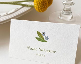 Wedding Place Cards, Botanical Folded Table Cards with Forget Me Not Flower, Personalised Seating Cards with Minimal Floral Illustration