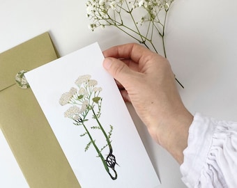 Minimal Botanical Wedding Invitation with Yarrow Flower on Textured Paper with Eco Envelope and Floral Sticker for Village Style Wedding