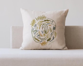 Cushion cover with nature circle illustration, square cotton pillow case with abstract art, artsy textile housewarming gift