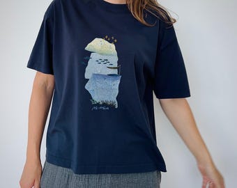 Organic Cotton T Shirt Women, Oversized Coastal Graphic Tee, Aesthetic Ocean Nature Shirt, Minimalist Sea Graphic T-Shirt, Eco Friendly Top