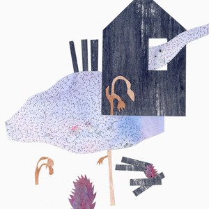 May include: Abstract mixed-media artwork featuring a dark blue house with a window, a light blue cloud-like shape, and brown plant-like forms. The artwork has a collage-like appearance with various textures and colors.