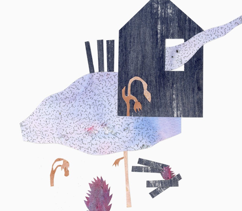 May include: Abstract mixed-media artwork featuring a dark blue house with a window, a light blue cloud-like shape, and brown plant-like forms. The artwork has a collage-like appearance with various textures and colors.