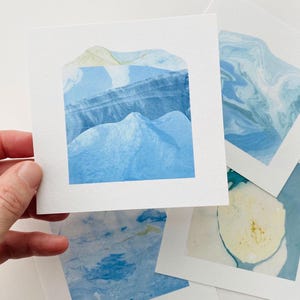 Juego de postales invernales, juego de tarjetas abstractas, tarjetas de felicitación cuadradas minimalistas, obras de arte contemporáneas en miniatura cuadradas, tarjetas con temática de agua de invierno azul