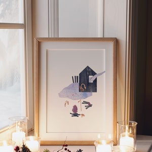 May include: A framed art print featuring a whimsical illustration of a dark blue house with a chimney, a purple and blue landscape, and a campfire. The artwork is displayed on a windowsill with lit candles in glass holders.