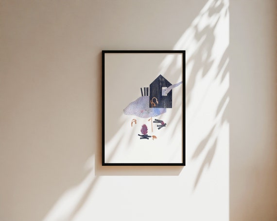 Modern house illustration, minimalist art print, collage with fine details and patterns, high quality paper and inks, print for framing