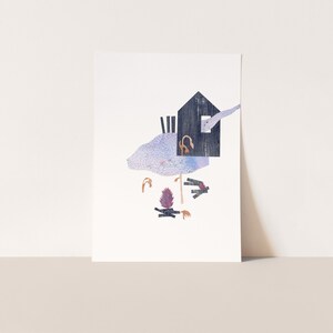 May include: A print featuring a collage-style illustration of a house, a campfire, and figures. The house is dark blue with a white window. The campfire has purple flames. The figures are brown and black.