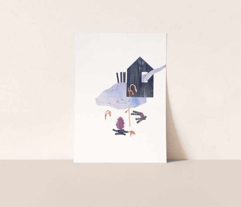 May include: A print featuring a collage-style illustration of a house, a campfire, and figures. The house is dark blue with a white window. The campfire has purple flames. The figures are brown and black.