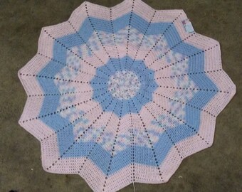 Handmade 12 Point Round Ripple Crochet Baby Blanket Pink/Blue