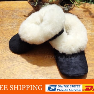 The best Peruvian unisex Alpaca Fur Slippers-  Alpaca Huacaya Fur-  Handmade Peruvian Fuzzy  Slippers- Peruvian Black Slippers