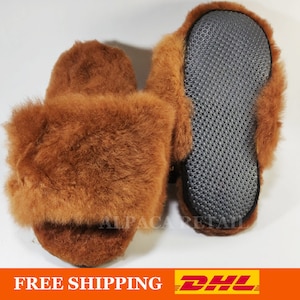 non-slip Brown Super Baby Alpaca Fur Slippers-Real Alpaca  Fur-Handmade Peruvian Fuzzy  Slippers-Special gift for women - men