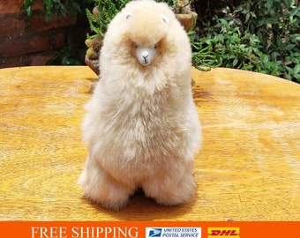 13 IN Beige Handmade Alpaca Stuffed Animal Plush Alpaca  Fur/ teddy alpaca Standing handmade Peruvian alpaca fur animal toy