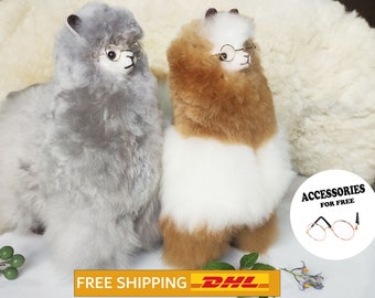 2 PACK 13 IN Handmade Alpaca Stuffed Animal Plush Alpaca  Fur/alpaca Standing handmade Peruvian alpaca fur animal toy mix brown and gray