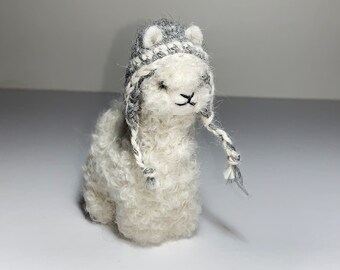 3.5 IN Needle Felted Alpaca Sculptures  with chullo or hat White Felted Animals by Hand in Alpaca Fiber