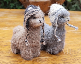 2 pack 3.5 IN Needle Felted Alpaca Sculptures  with chullo white and gray Felted Animals by Hand in Alpaca Fiber
