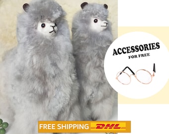 2 PACK 13 IN Handmade Alpaca Stuffed Animal Plush Alpaca  Fur/alpaca Standing handmade Peruvian alpaca fur animal toy gray