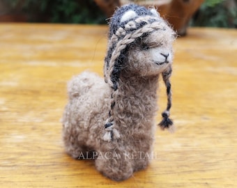 3.5 IN Needle Felted Alpaca Sculptures  with chullo or hat  beige Felted Animals by Hand in Alpaca Fiber