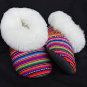 May include: A pair of colorful, striped slippers with a white, fluffy trim. The slippers have a vibrant pattern of red, purple, green, and yellow stripes. The soles are dark gray.