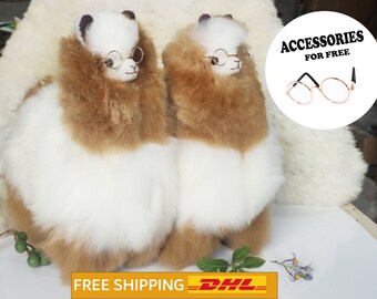 2 PACK 13 IN Mix Brown-White  Handmade Alpaca Stuffed Animal Plush Alpaca  Fur/alpaca Standing handmade Peruvian alpaca fur animal toy
