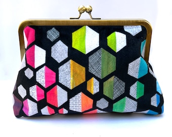 Rainbow Hexagons Clutch, Geometric Abstract Purse, Kiss Lock Evening Bag