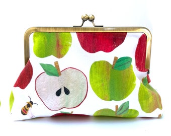 Apples and Bees Clutch, Green Apples Purse, Apple Slices, Kiss Lock Evening Bag