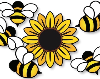 Magnetic Bees!  Set of 5 bees with 1 Sunflower