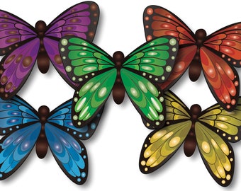 May include: Five colorful butterfly cutouts with black outlines and white spots. The butterflies are purple, green, red, blue, and yellow.