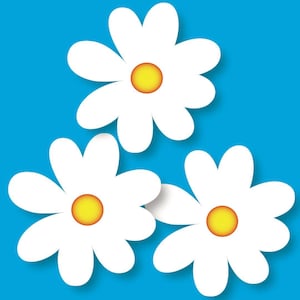 May include: Three white daisy flowers with yellow centers against a bright blue background. The flowers have rounded petals and a slight shadow effect, giving them a 3D appearance. The design is simple and cheerful.