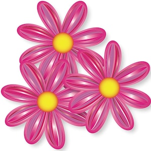 May include: Three stylized pink flowers with yellow centers. The petals have a striped design with varying shades of pink. The flowers are arranged in a cluster, with soft shadows suggesting depth and dimension. The background is white.