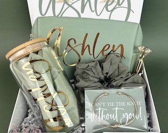 Bridesmaid Proposal Gift Set for Wedding Party or Maid of Honor Sage Thank You with Personalized Tumbler, Scrunchies, Hair Claw in Box