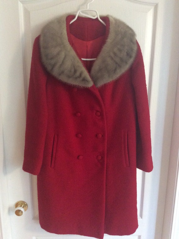 Vintage Red Wool Double Breasted Coat with Fur Tri